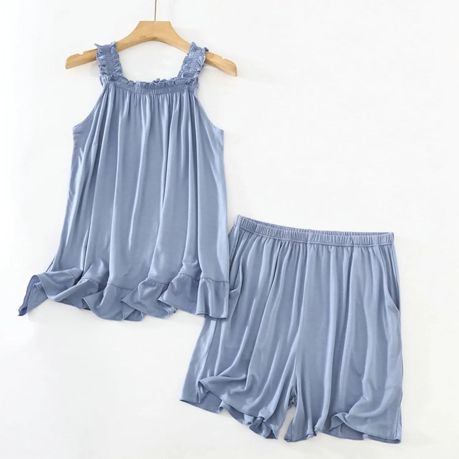 Womens Summer Pajama Sets Ruffle Sleeveless Tank Tops and Shorts Sleepwear 2 Piece Pjs Loungewear Soft Modal Pyjamas