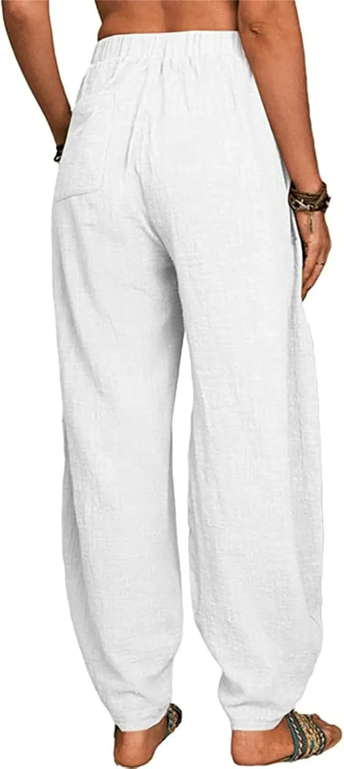 Women's Summer Stretched High Waisted Linen Wide Leg Palazzo Beach Yoga Casual Lounge Beach Trousers with Pockets