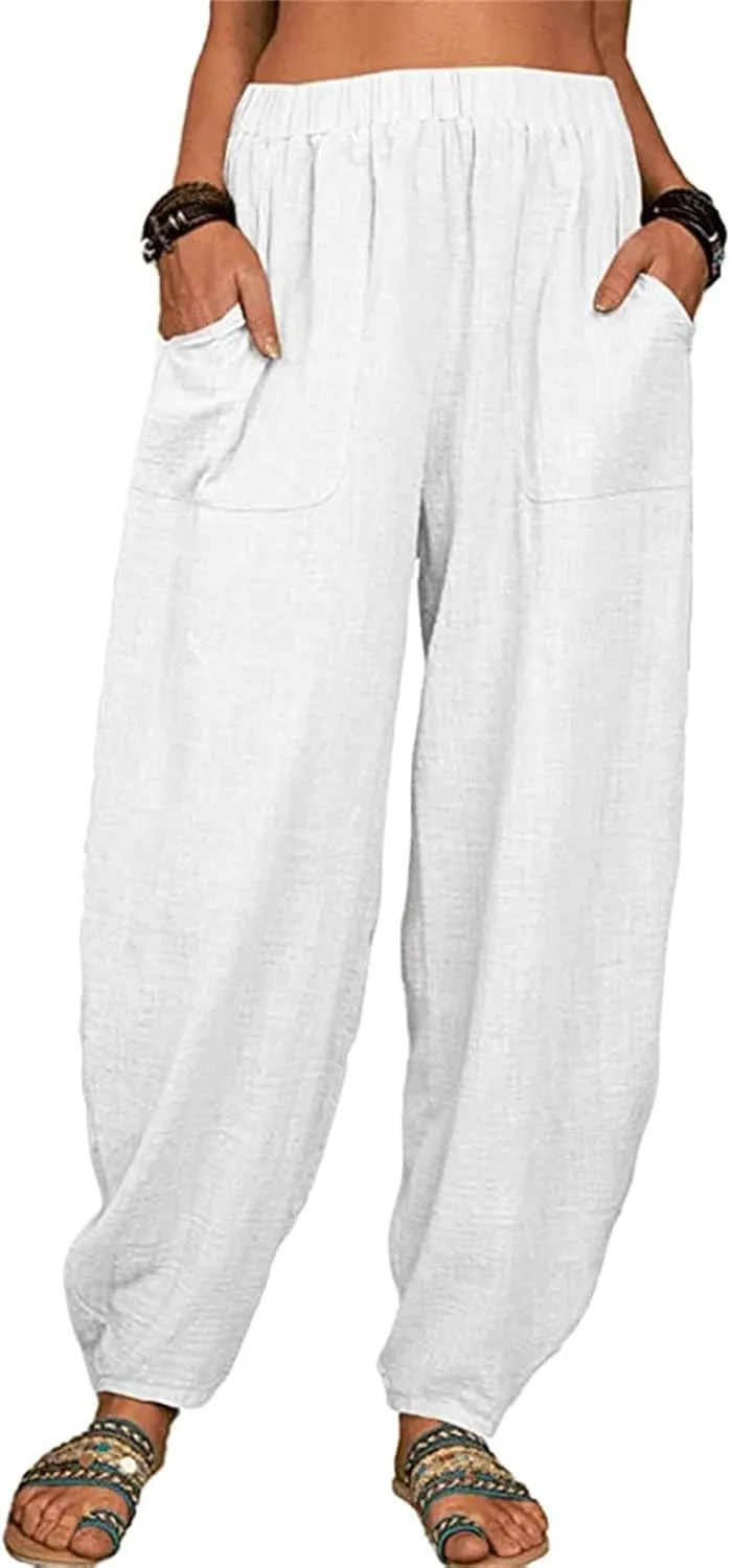 Women's Summer Stretched High Waisted Linen Wide Leg Palazzo Beach Yoga Casual Lounge Beach Trousers with Pockets