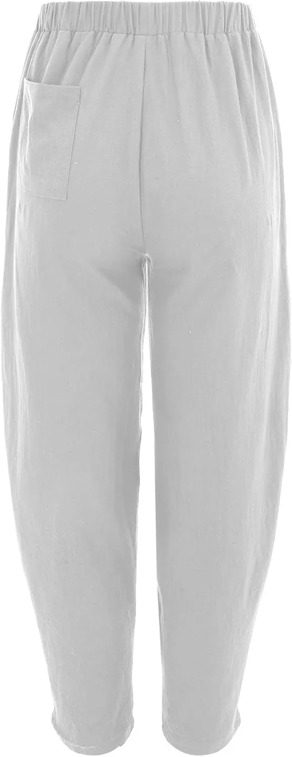 Women's Summer Stretched High Waisted Linen Wide Leg Palazzo Beach Yoga Casual Lounge Beach Trousers with Pockets