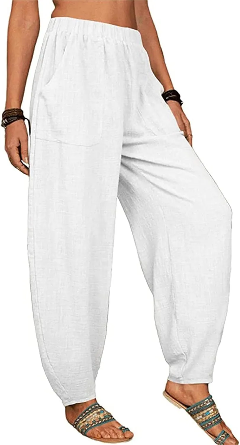 Women's Summer Stretched High Waisted Linen Wide Leg Palazzo Beach Yoga Casual Lounge Beach Trousers with Pockets