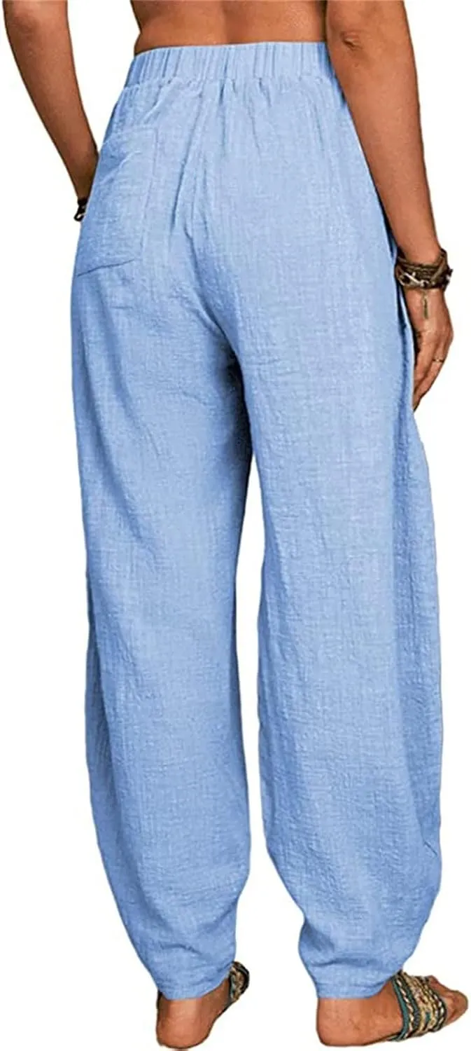 Women's Summer Stretched High Waisted Linen Wide Leg Palazzo Beach Yoga Casual Lounge Beach Trousers with Pockets