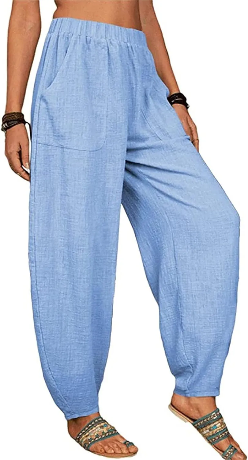 Women's Summer Stretched High Waisted Linen Wide Leg Palazzo Beach Yoga Casual Lounge Beach Trousers with Pockets