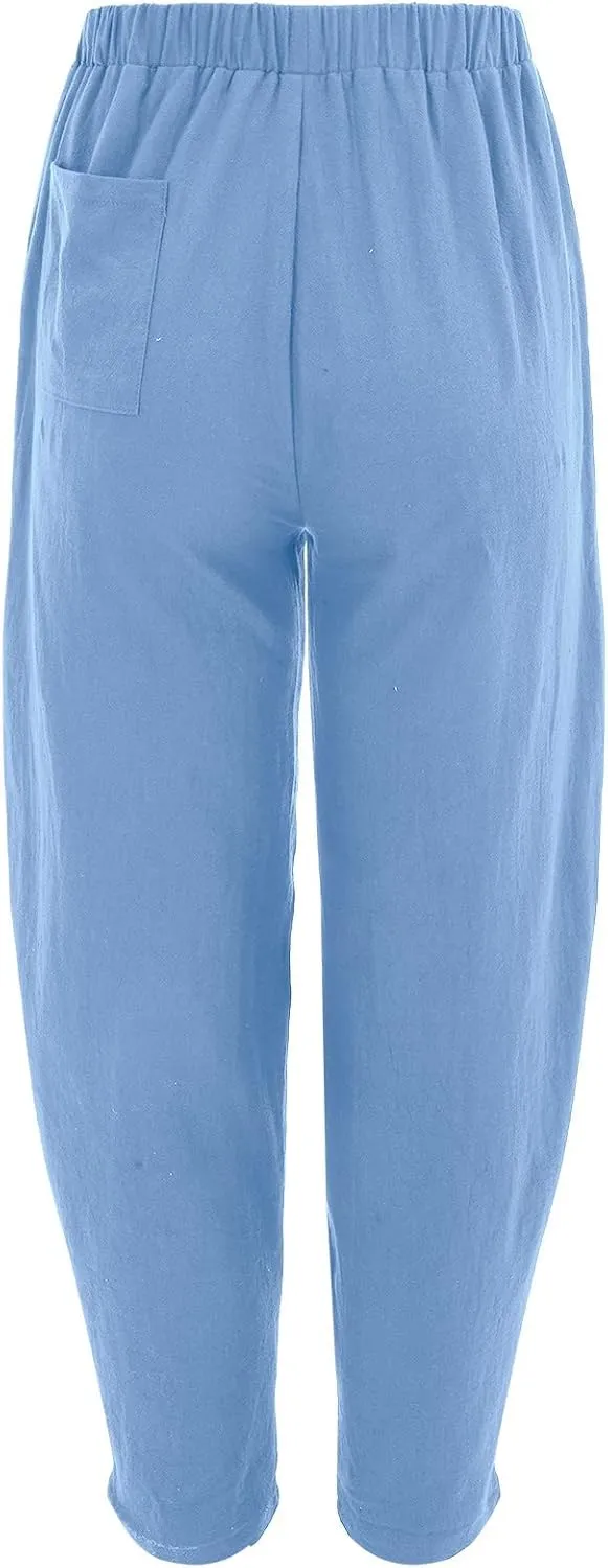 Women's Summer Stretched High Waisted Linen Wide Leg Palazzo Beach Yoga Casual Lounge Beach Trousers with Pockets