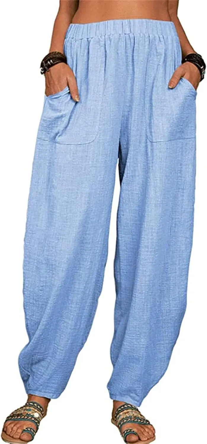 Women's Summer Stretched High Waisted Linen Wide Leg Palazzo Beach Yoga Casual Lounge Beach Trousers with Pockets