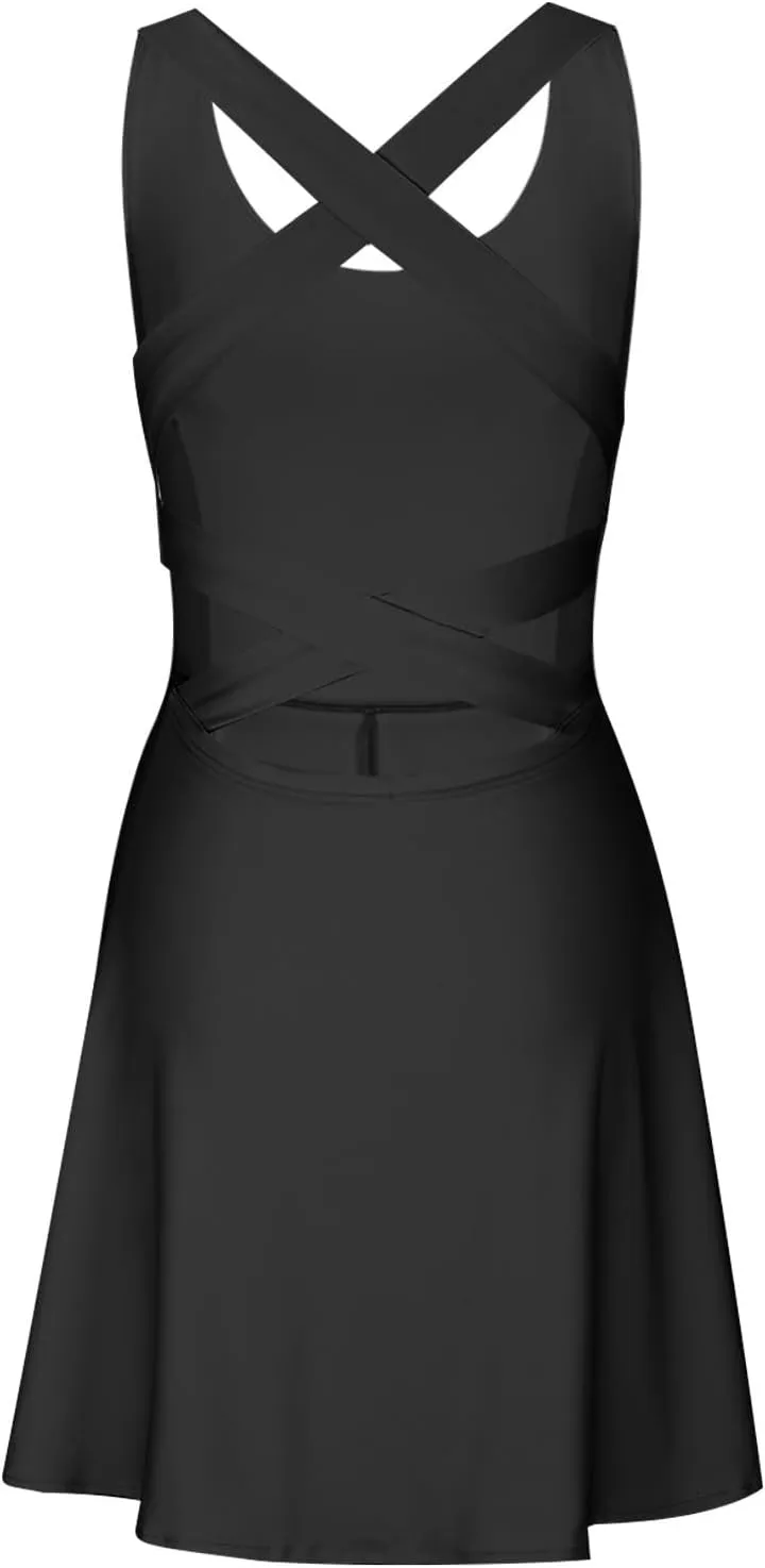 Womens Summer Tennis Mini Dress Built-in Shorts Beach Vacation Outfits Athletic Golf Jumpsuits with Pockets Rompers