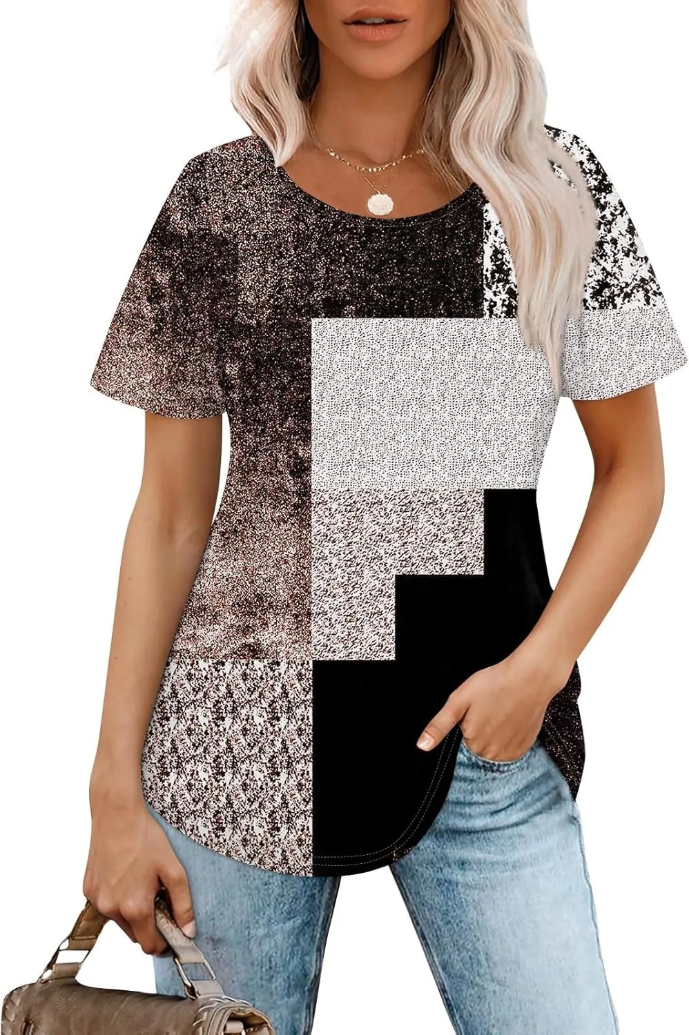 Womens Summer Tops Short Sleeve Shirts Crewneck Pleated Blouses Casual Tunics Clothing Trendy Tees