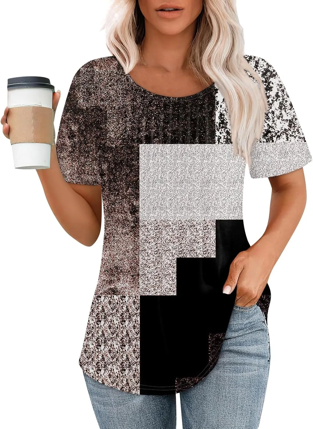 Womens Summer Tops Short Sleeve Shirts Crewneck Pleated Blouses Casual Tunics Clothing Trendy Tees