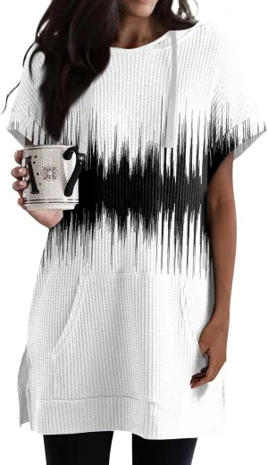 Womens Summer Waffle Short Sleeve Long Shrits With Pockets Oversized Hoodies Tunics Or Tops To Wear With Leggings