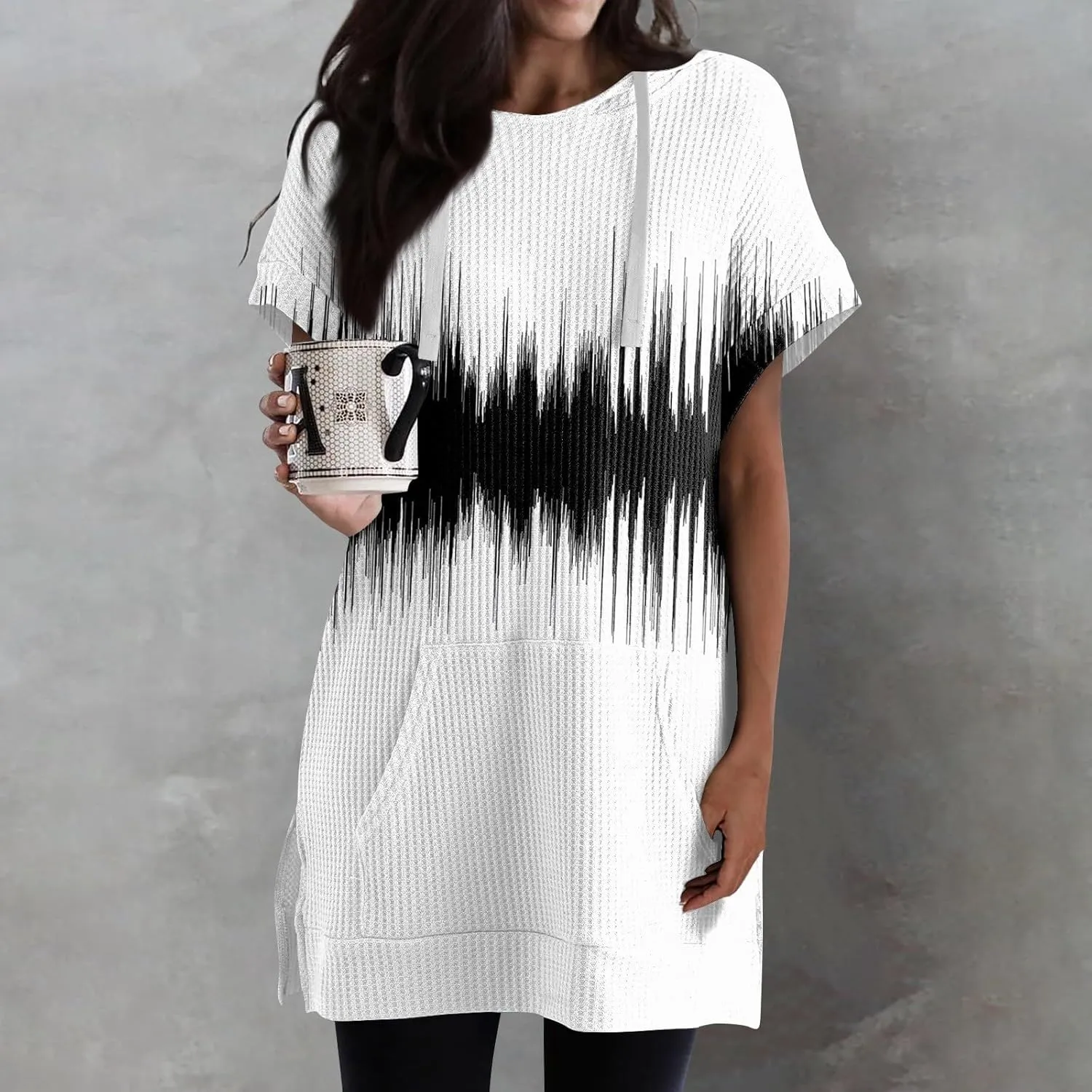 Womens Summer Waffle Short Sleeve Long Shrits With Pockets Oversized Hoodies Tunics Or Tops To Wear With Leggings