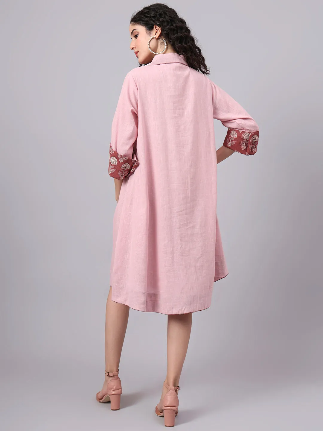Womens Tan Rose Pink Collared A-Line Cotton Dress | The Saffron Saga