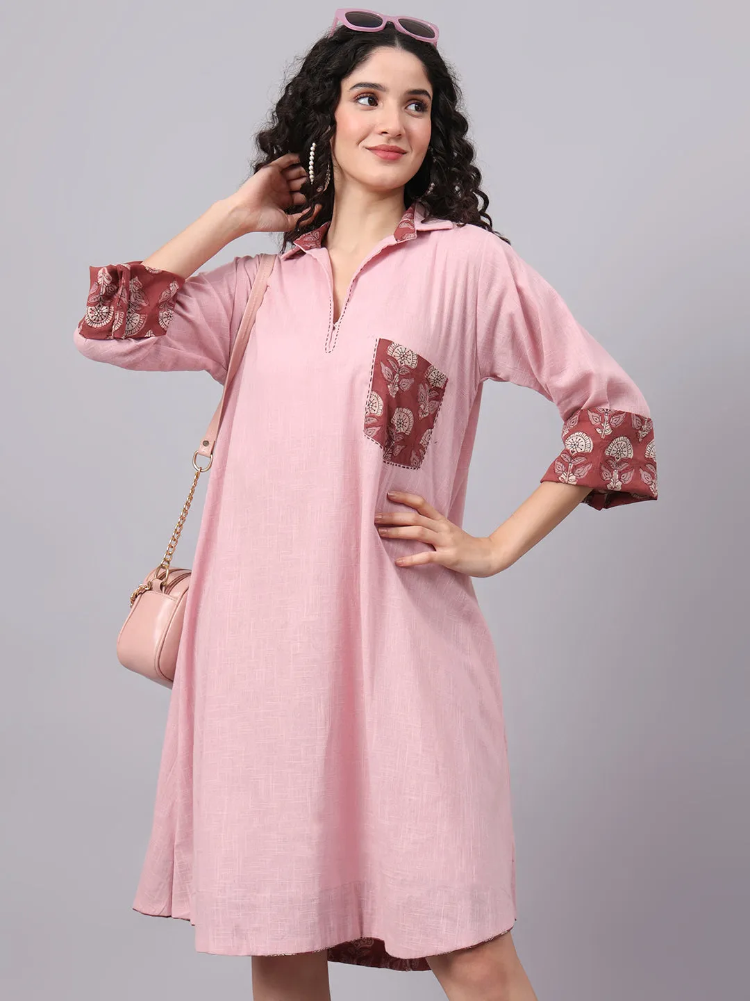 Womens Tan Rose Pink Collared A-Line Cotton Dress | The Saffron Saga