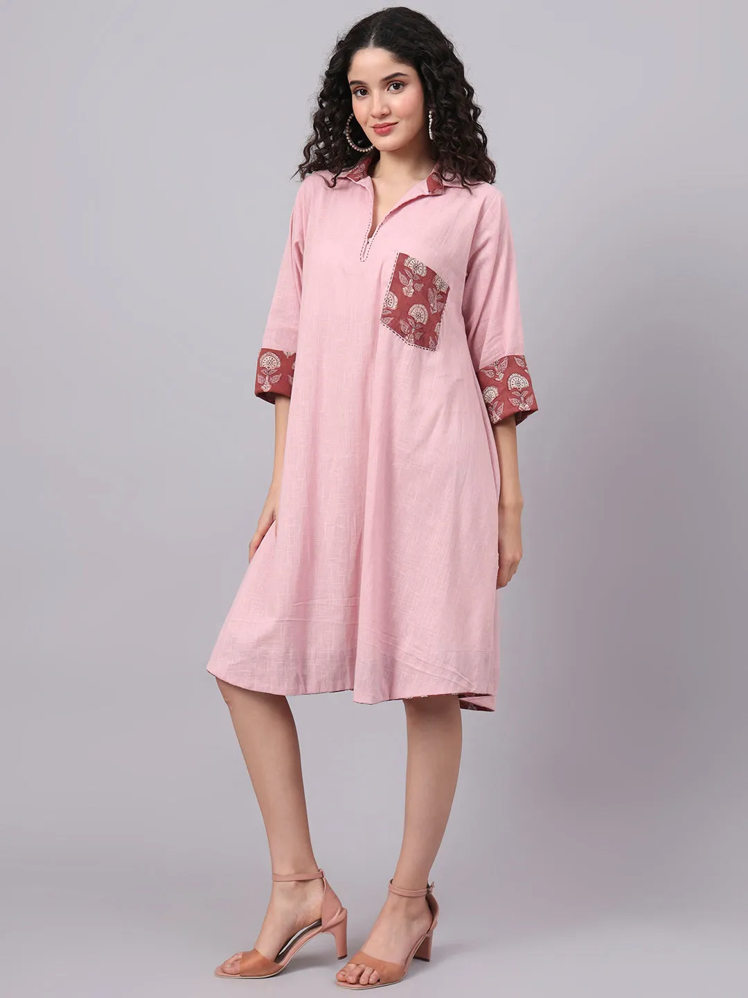 Womens Tan Rose Pink Collared A-Line Cotton Dress | The Saffron Saga