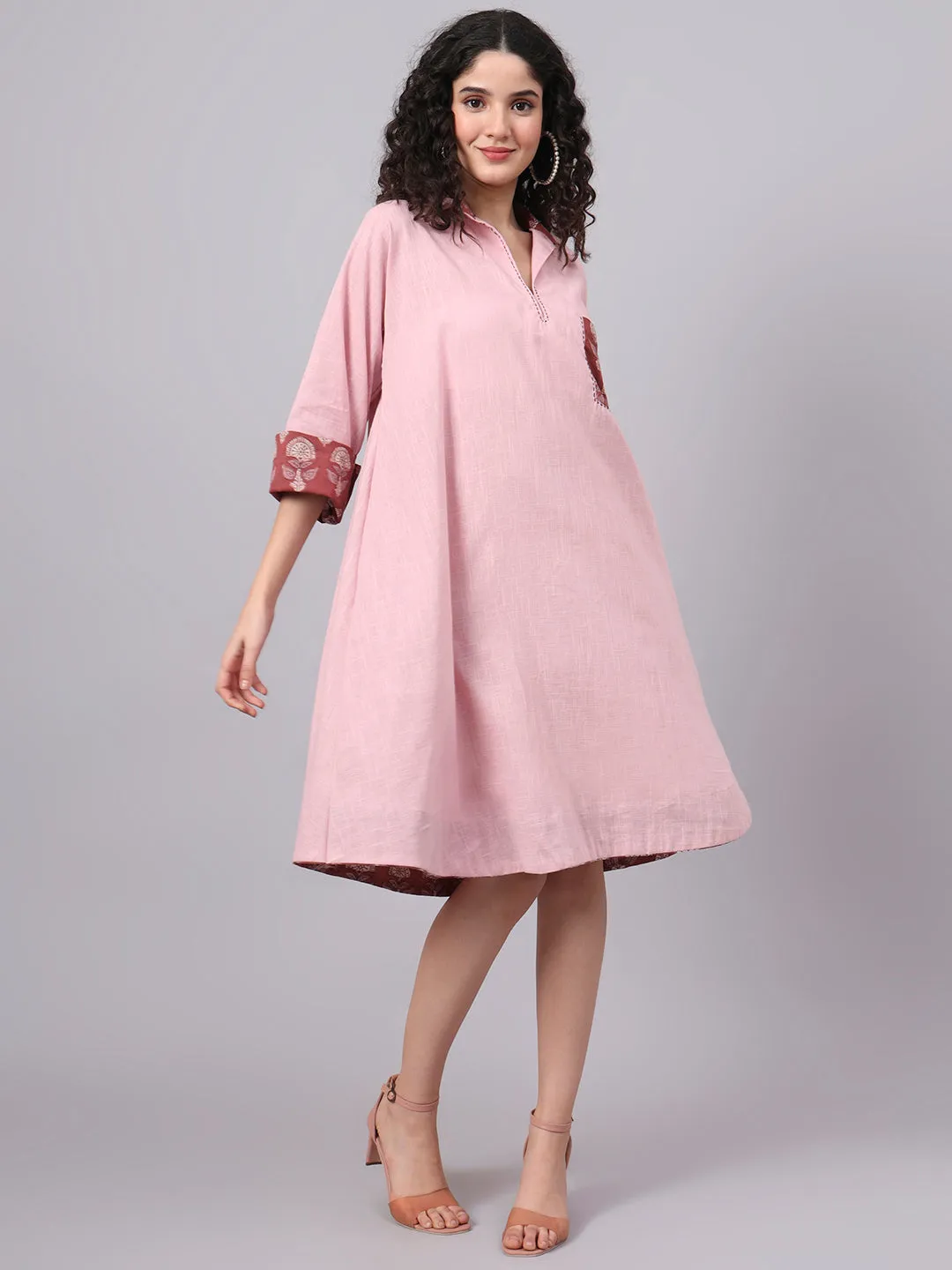 Womens Tan Rose Pink Collared A-Line Cotton Dress | The Saffron Saga