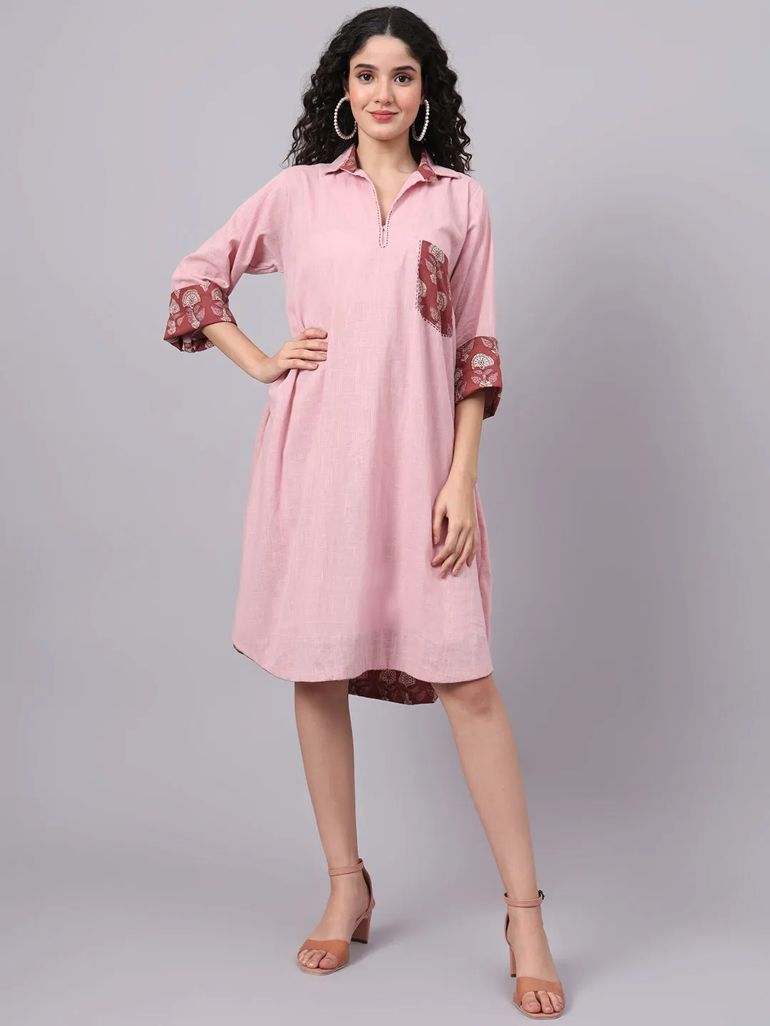 Womens Tan Rose Pink Collared A-Line Cotton Dress | The Saffron Saga