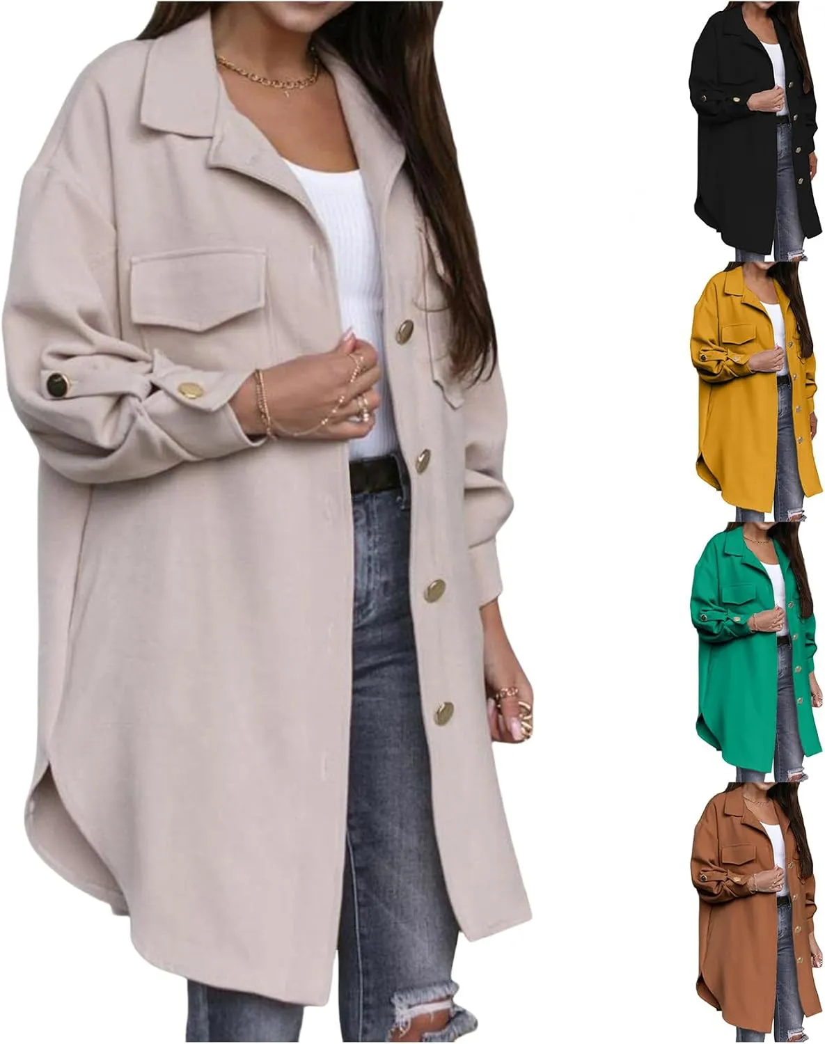 Womens Trench Coat Casual Long Sleeve Mid Length Pea Coats Fall Button Down Lapel Jacket Coats Outwear with Pocket
