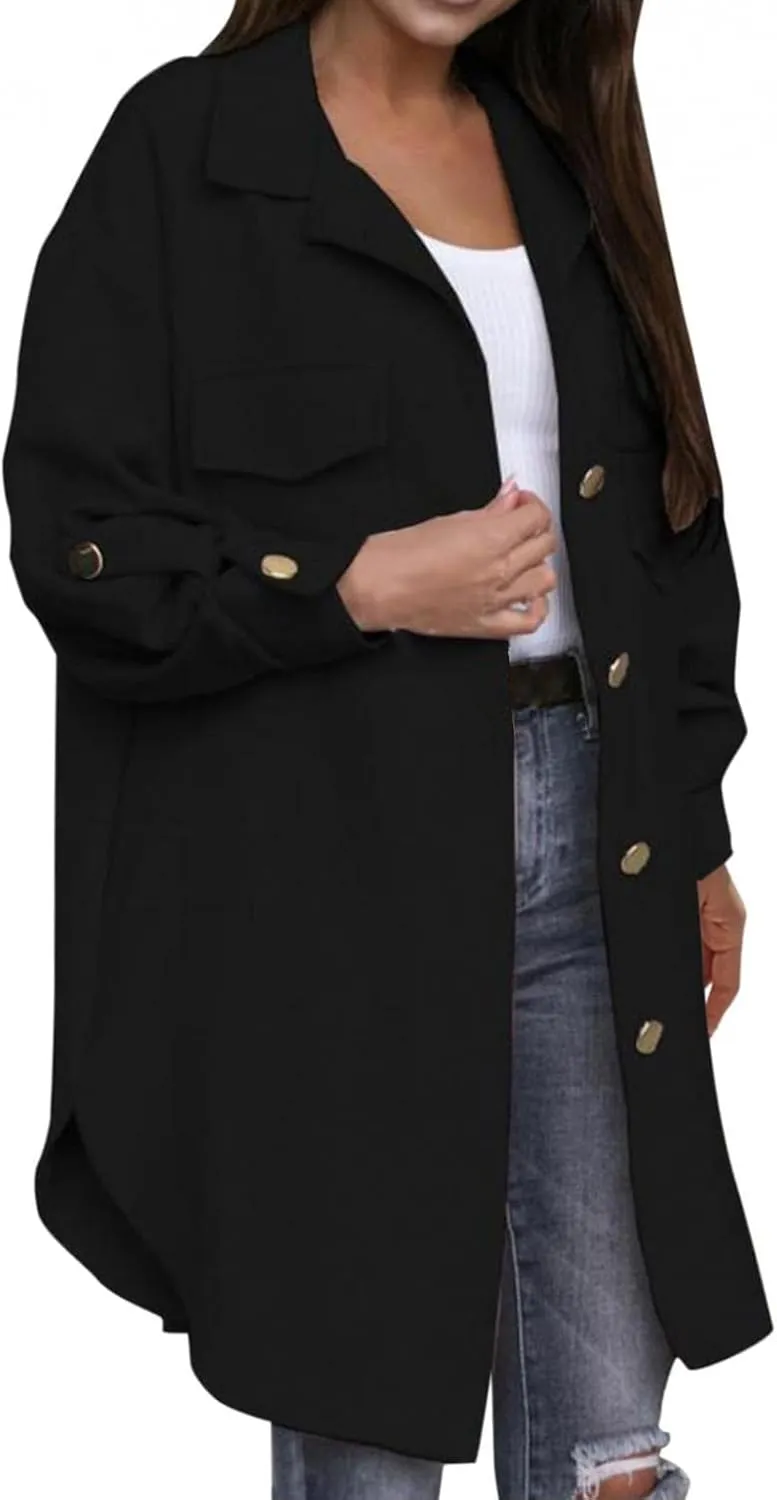 Womens Trench Coat Casual Long Sleeve Mid Length Pea Coats Fall Button Down Lapel Jacket Coats Outwear with Pocket