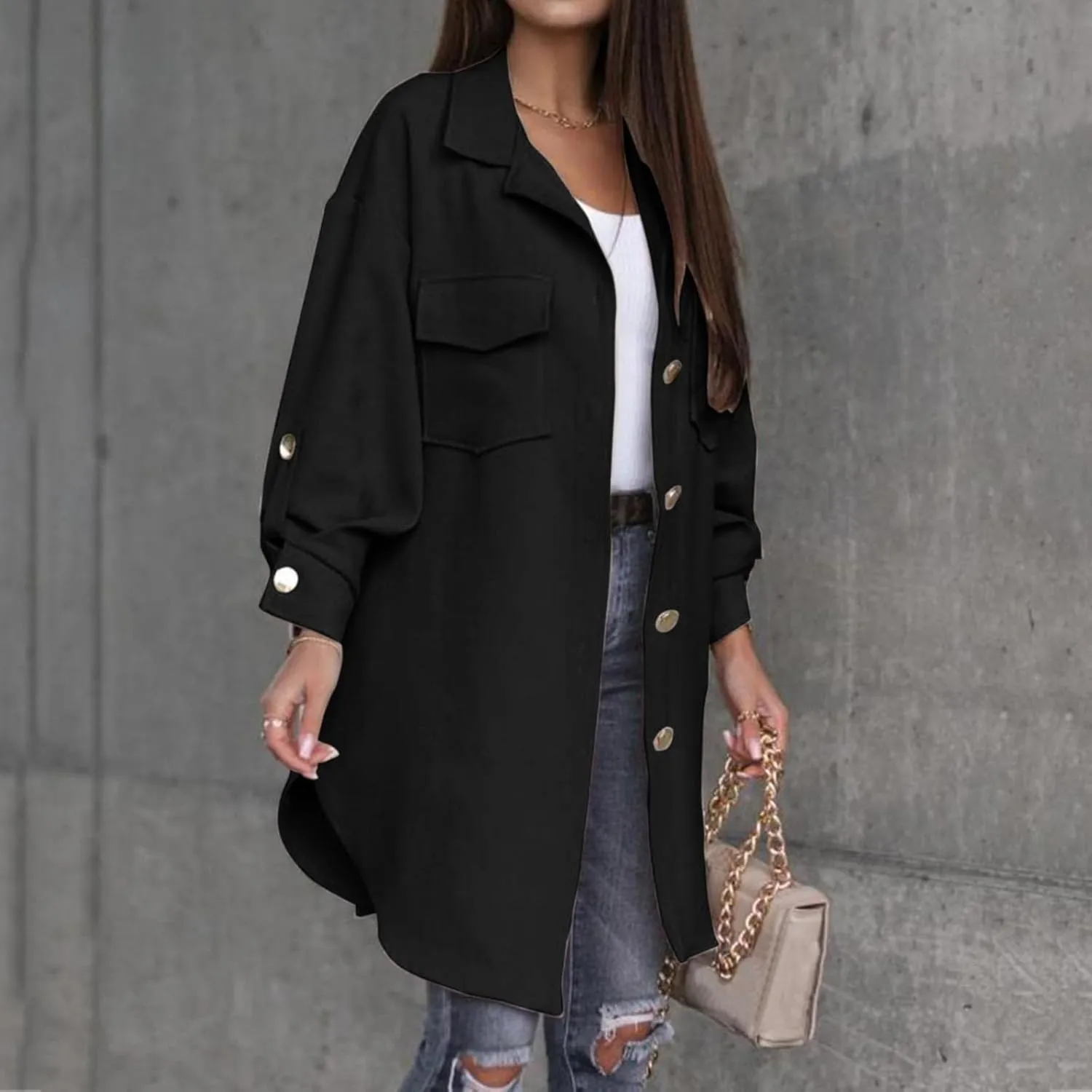 Womens Trench Coat Casual Long Sleeve Mid Length Pea Coats Fall Button Down Lapel Jacket Coats Outwear with Pocket