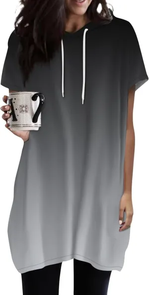 Womens Tunics to Wear with Leggings Oversized Outdoor Sports Hoodies Summer Short Sleeve Hooded Tshirts with Pockets