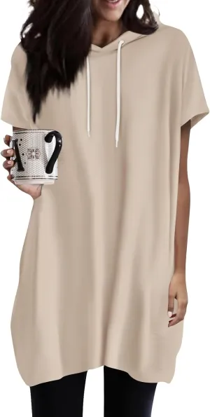 Womens Tunics to Wear with Leggings Oversized Outdoor Sports Hoodies Summer Short Sleeve Hooded Tshirts with Pockets
