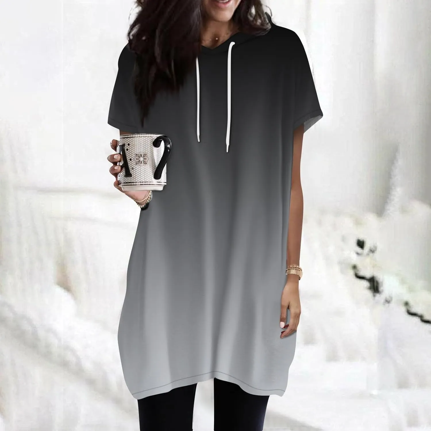 Womens Tunics to Wear with Leggings Oversized Outdoor Sports Hoodies Summer Short Sleeve Hooded Tshirts with Pockets