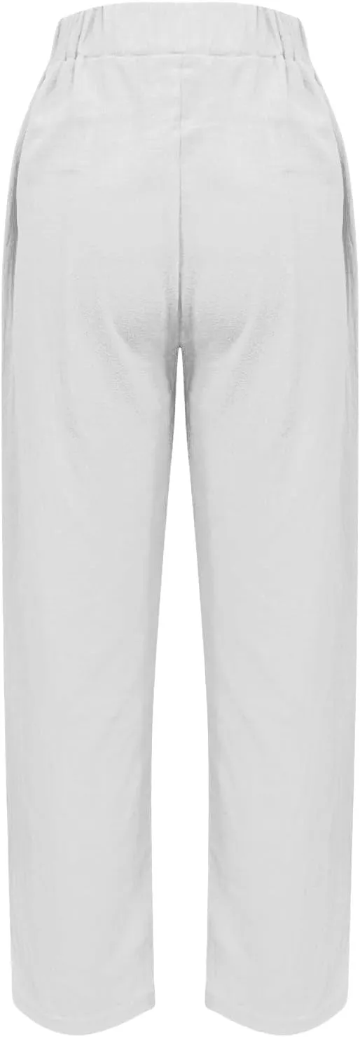 Womens Wide Leg Linen Pants Vintage Hippie Trousers Summer Beach Vacation Lounge Outfits Harem Pants with Pockets