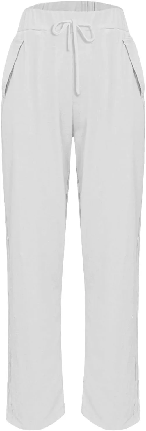 Womens Wide Leg Linen Pants Vintage Hippie Trousers Summer Beach Vacation Lounge Outfits Harem Pants with Pockets