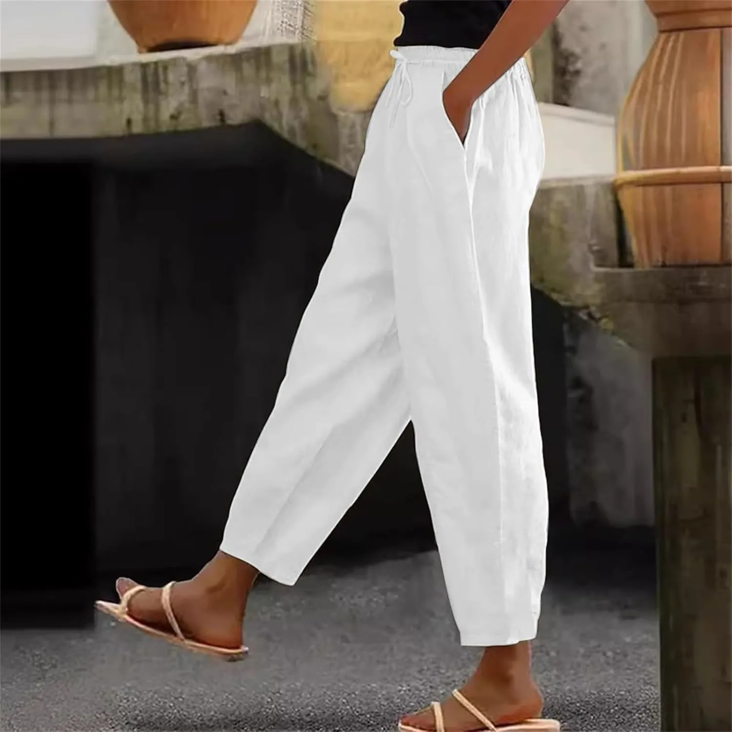 Womens Wide Leg Linen Pants Vintage Hippie Trousers Summer Beach Vacation Lounge Outfits Harem Pants with Pockets