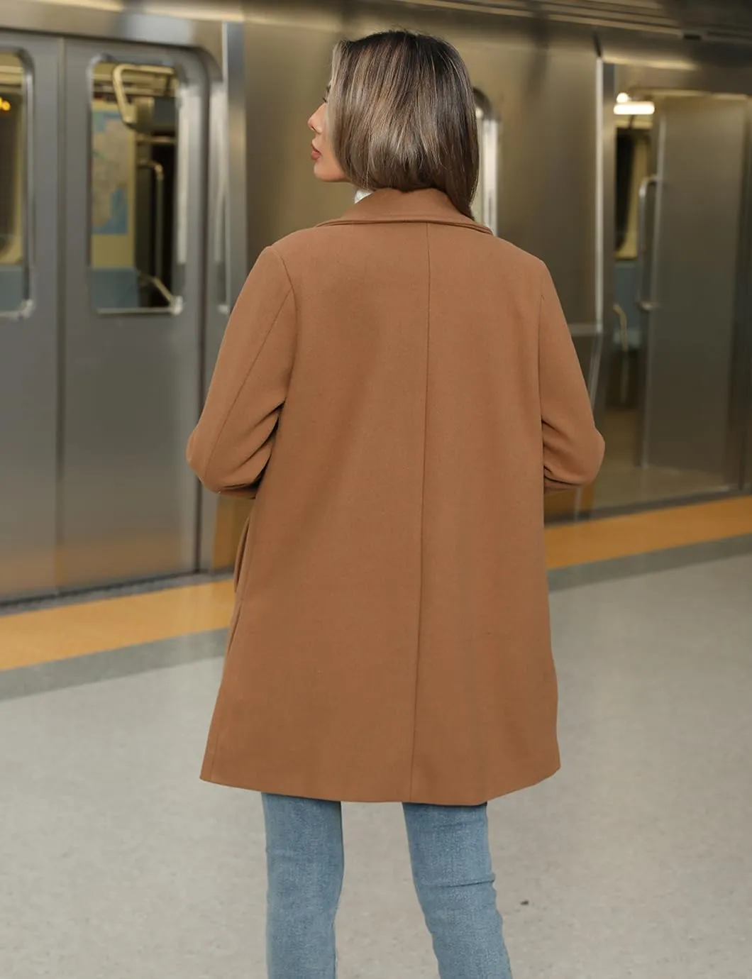 Women's Winter Peacoat Single Breasted Stand Collar Mid Long Wool Blend Trench Coat with Pockets