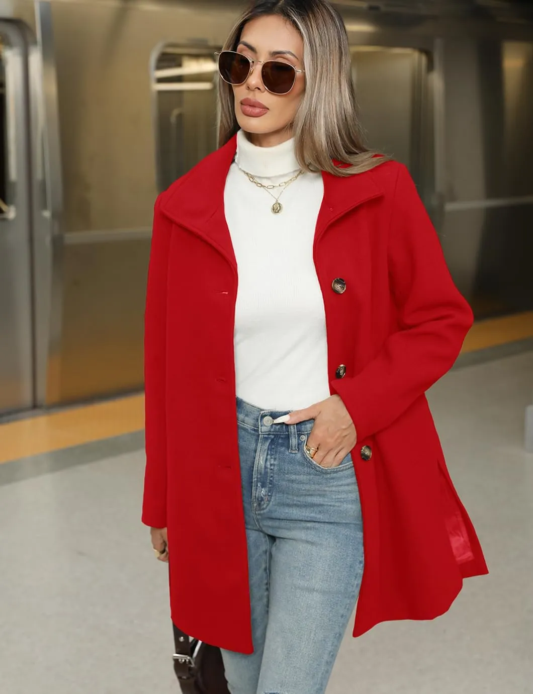 Women's Winter Peacoat Single Breasted Stand Collar Mid Long Wool Blend Trench Coat with Pockets