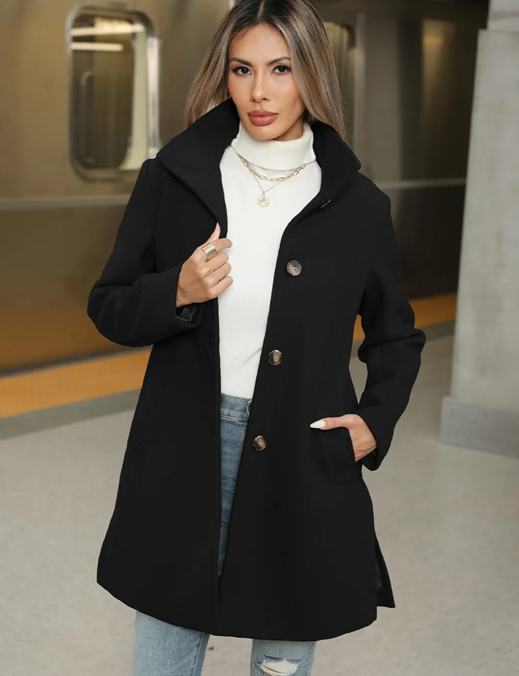 Women's Winter Peacoat Single Breasted Stand Collar Mid Long Wool Blend Trench Coat with Pockets