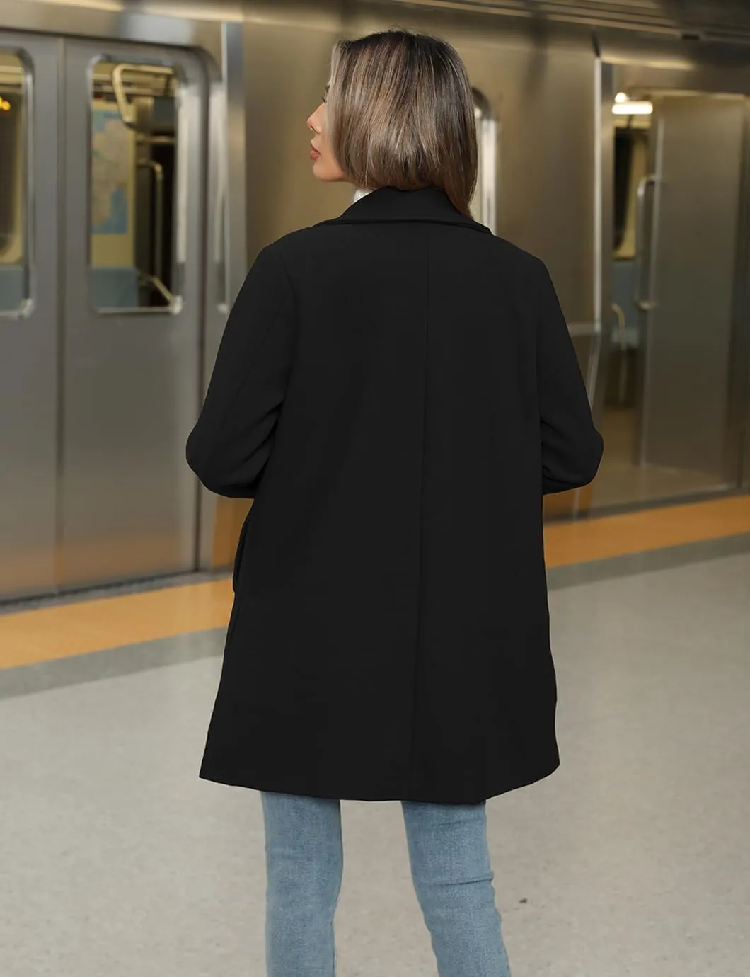 Women's Winter Peacoat Single Breasted Stand Collar Mid Long Wool Blend Trench Coat with Pockets