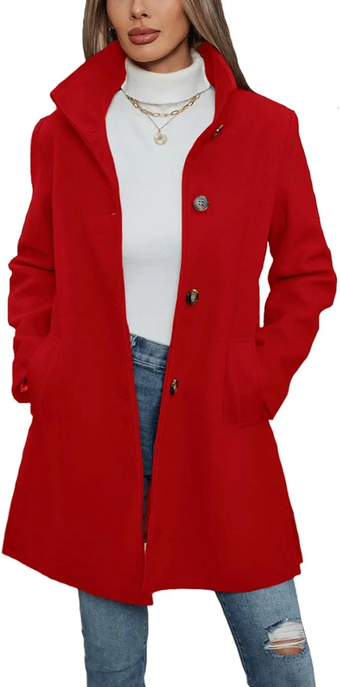 Women's Winter Peacoat Single Breasted Stand Collar Mid Long Wool Blend Trench Coat with Pockets