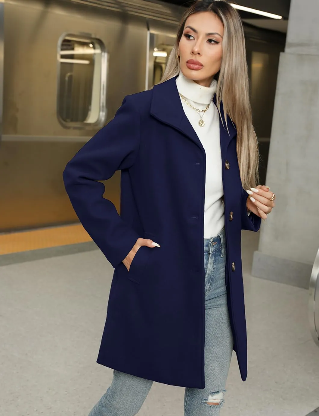 Women's Winter Peacoat Single Breasted Stand Collar Mid Long Wool Blend Trench Coat with Pockets
