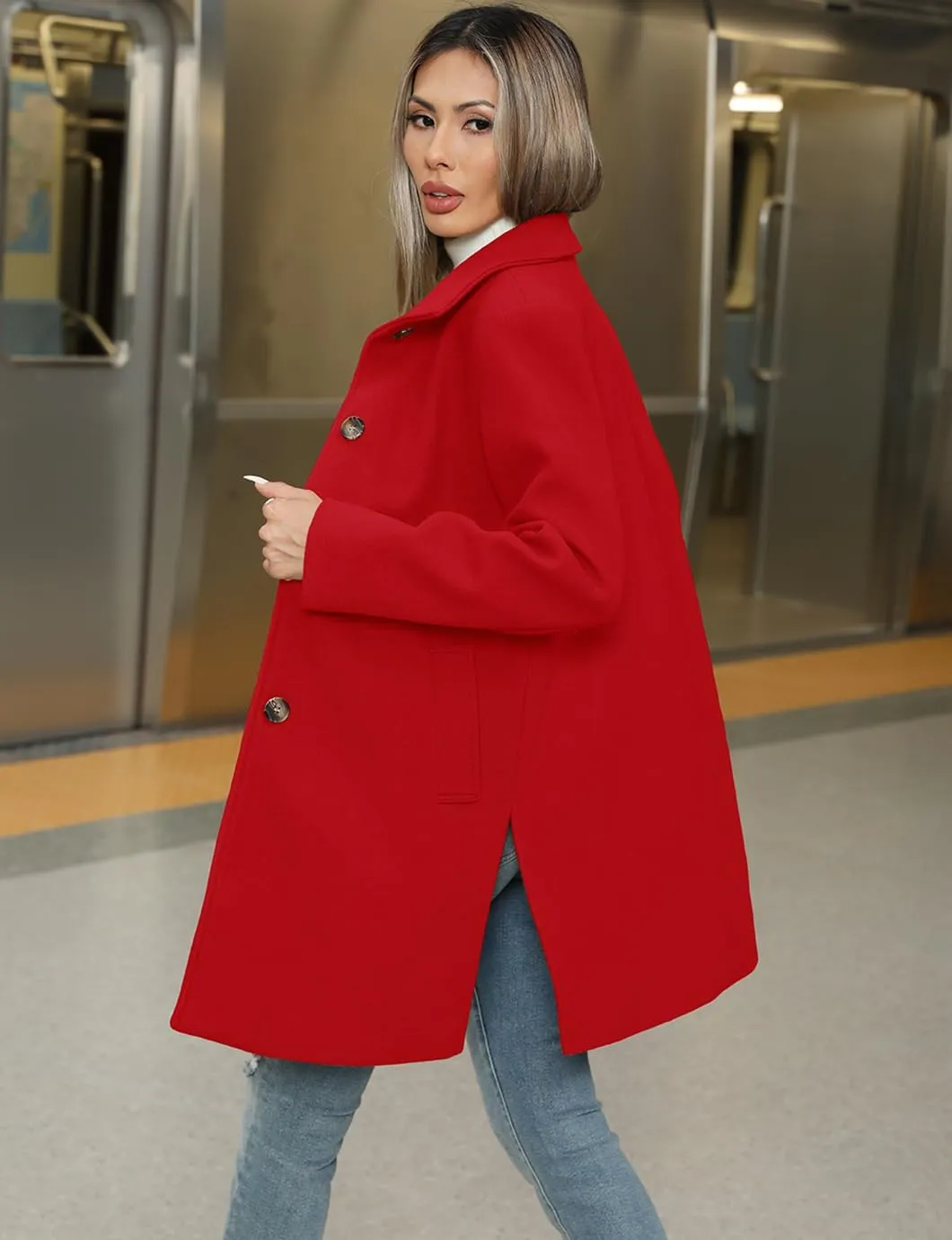 Women's Winter Peacoat Single Breasted Stand Collar Mid Long Wool Blend Trench Coat with Pockets