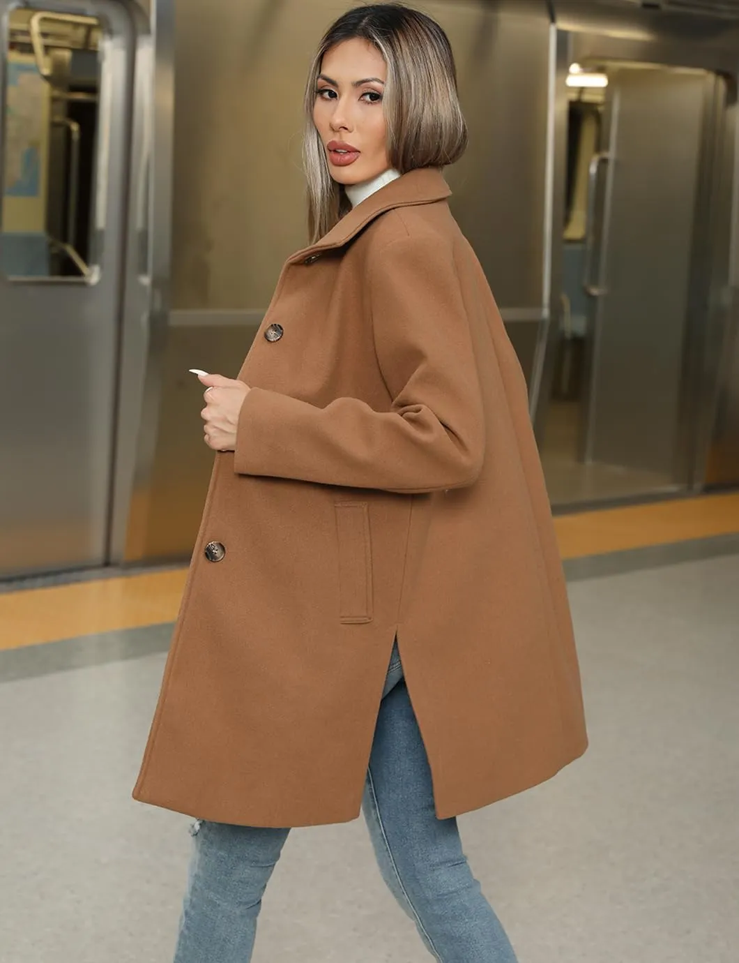 Women's Winter Peacoat Single Breasted Stand Collar Mid Long Wool Blend Trench Coat with Pockets