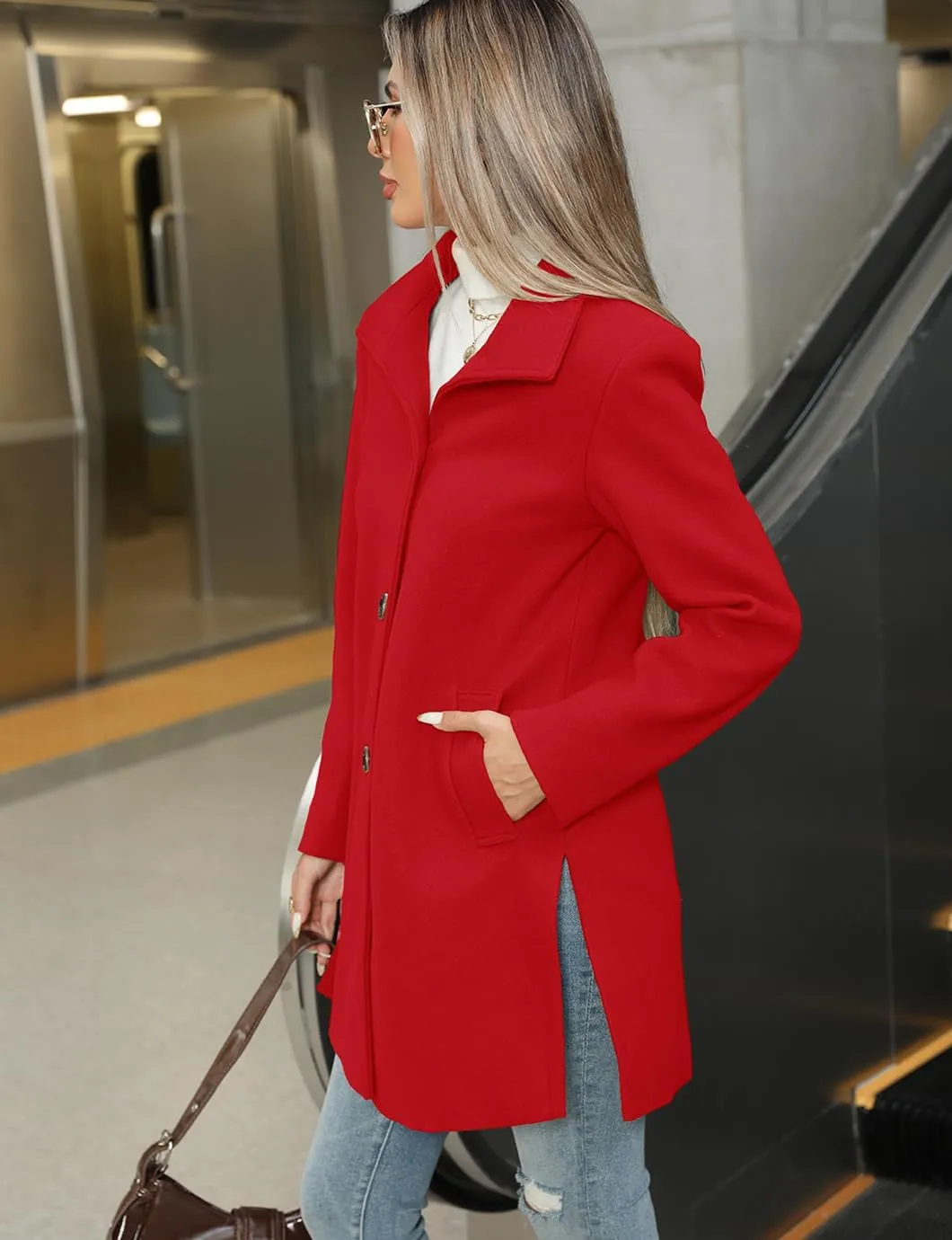 Women's Winter Peacoat Single Breasted Stand Collar Mid Long Wool Blend Trench Coat with Pockets