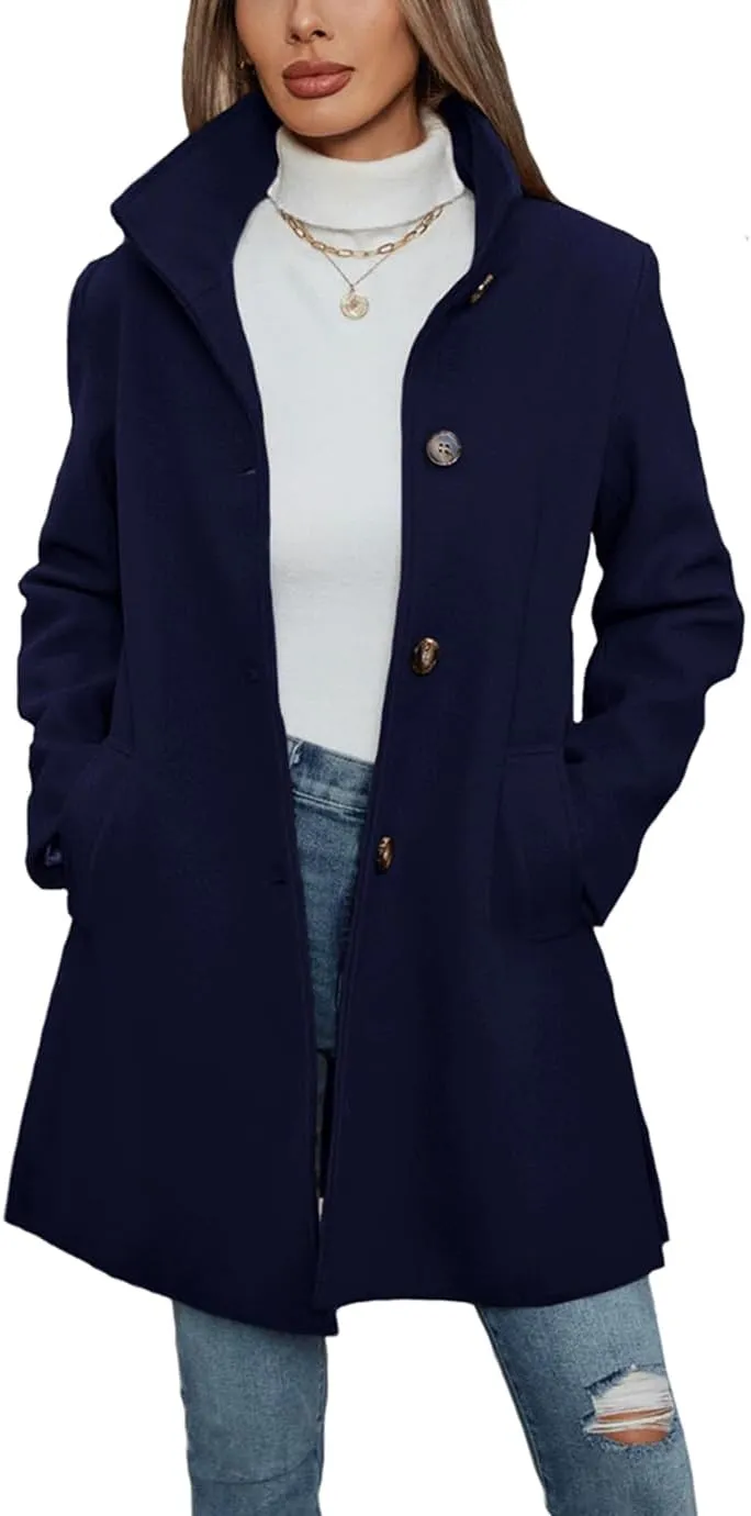 Women's Winter Peacoat Single Breasted Stand Collar Mid Long Wool Blend Trench Coat with Pockets