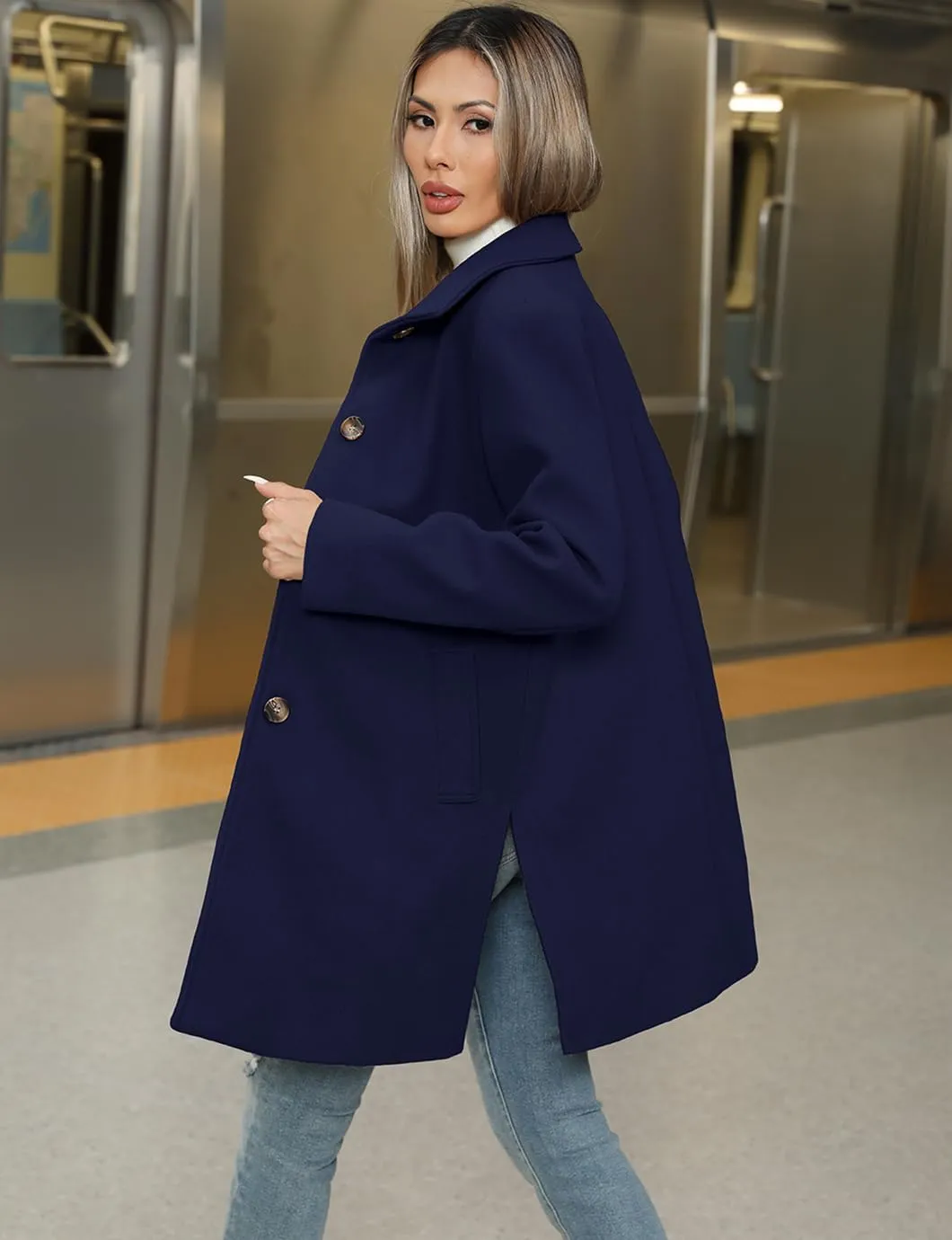 Women's Winter Peacoat Single Breasted Stand Collar Mid Long Wool Blend Trench Coat with Pockets
