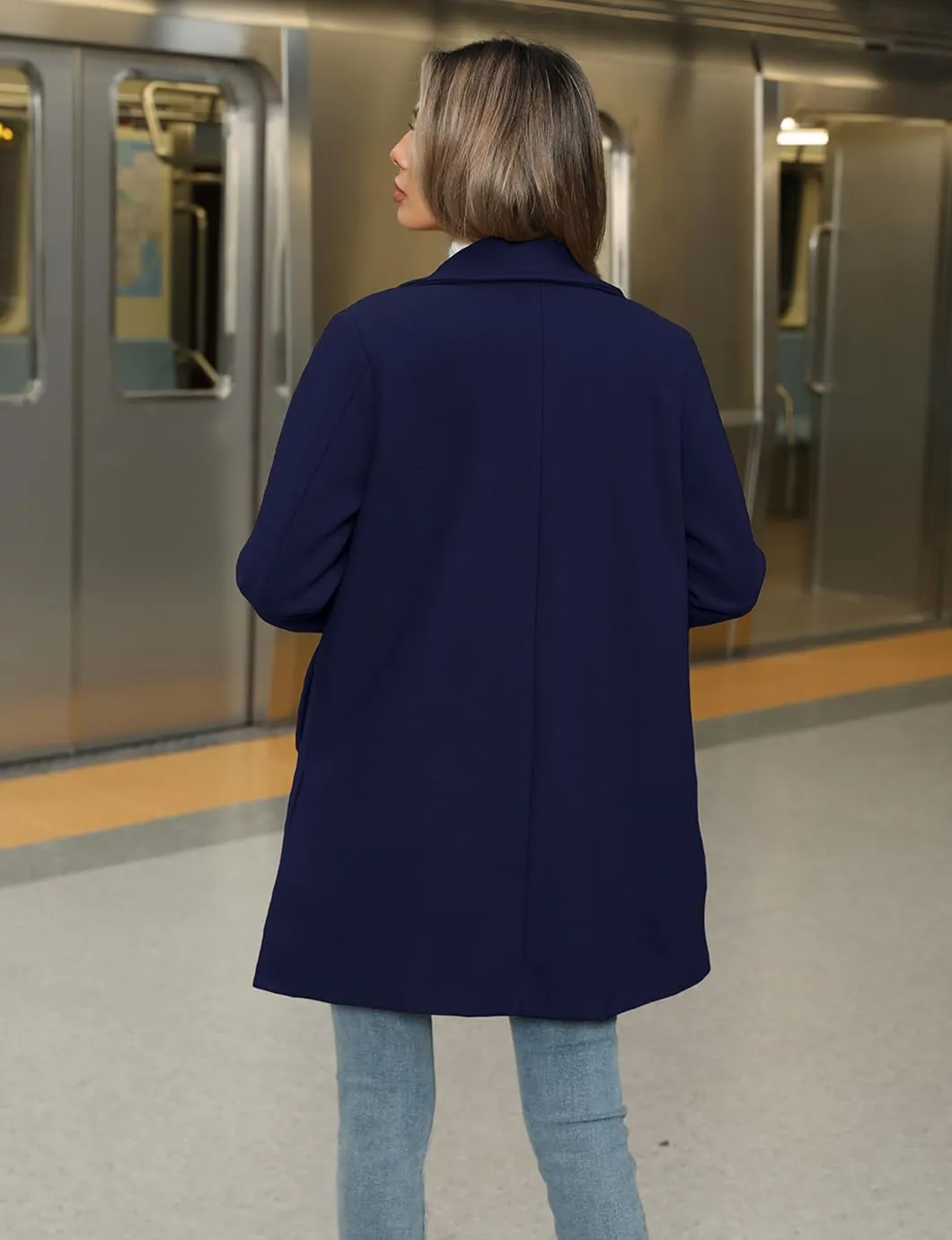 Women's Winter Peacoat Single Breasted Stand Collar Mid Long Wool Blend Trench Coat with Pockets