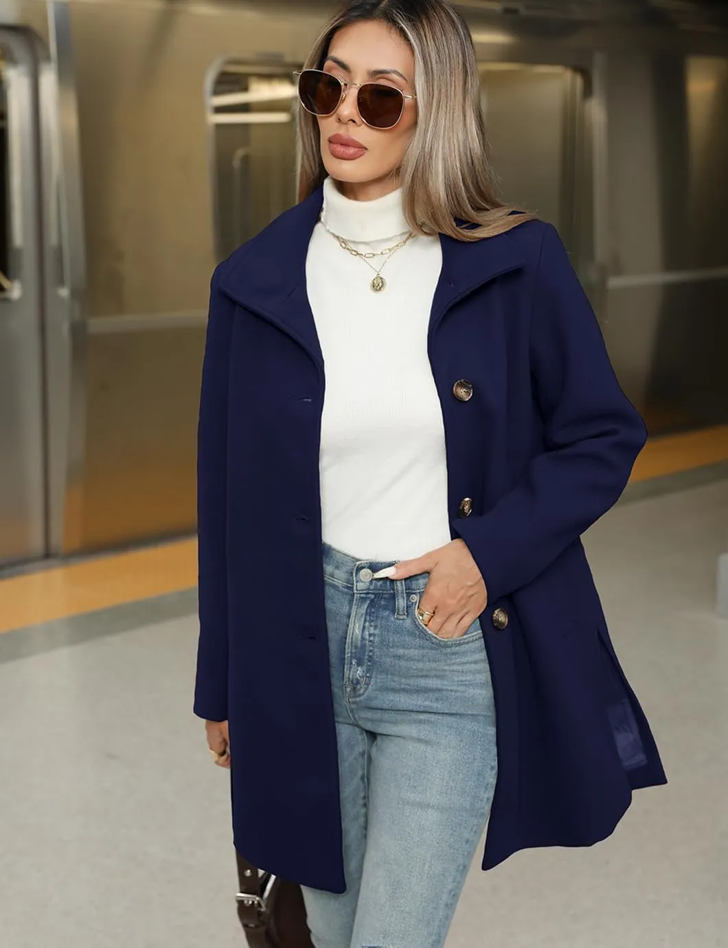 Women's Winter Peacoat Single Breasted Stand Collar Mid Long Wool Blend Trench Coat with Pockets