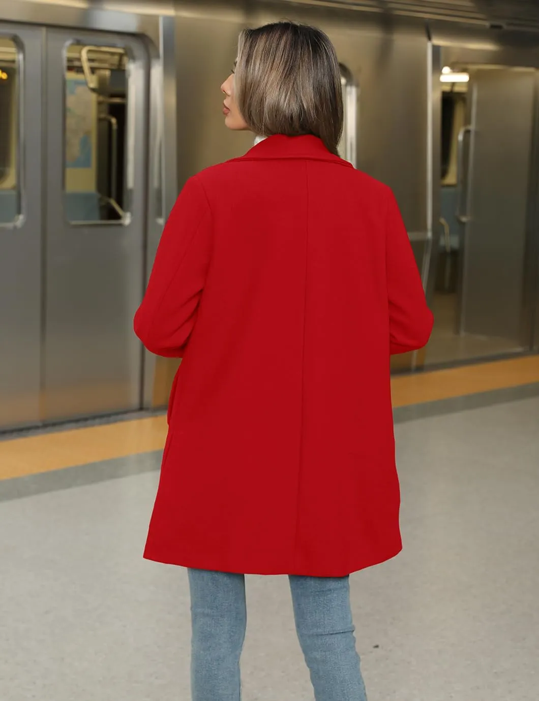 Women's Winter Peacoat Single Breasted Stand Collar Mid Long Wool Blend Trench Coat with Pockets