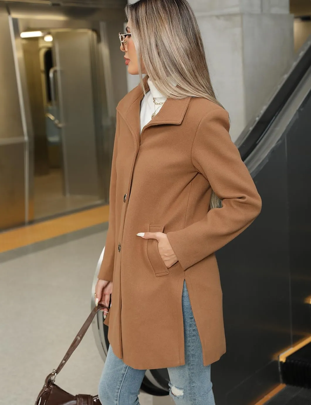 Women's Winter Peacoat Single Breasted Stand Collar Mid Long Wool Blend Trench Coat with Pockets