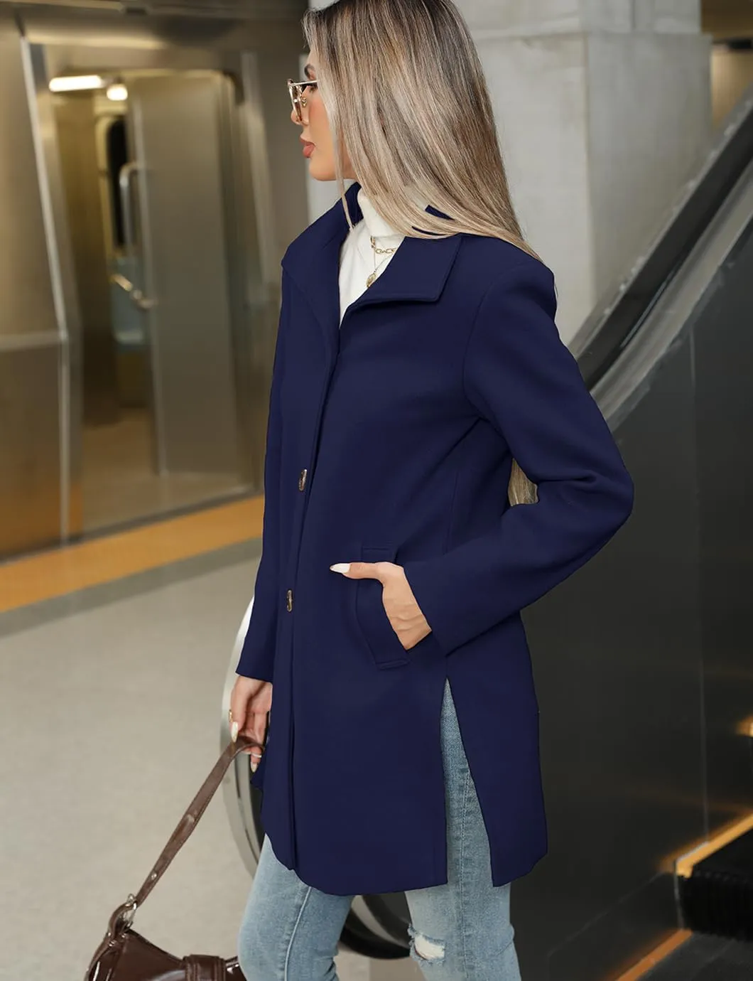 Women's Winter Peacoat Single Breasted Stand Collar Mid Long Wool Blend Trench Coat with Pockets