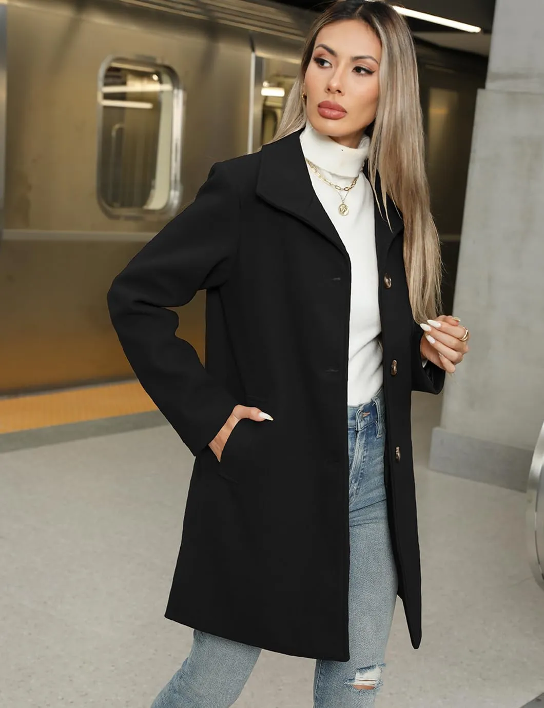 Women's Winter Peacoat Single Breasted Stand Collar Mid Long Wool Blend Trench Coat with Pockets