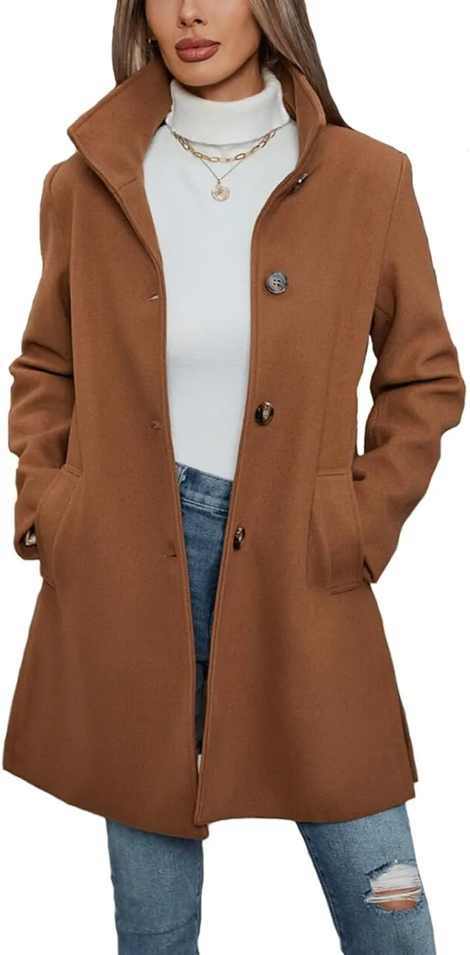 Women's Winter Peacoat Single Breasted Stand Collar Mid Long Wool Blend Trench Coat with Pockets