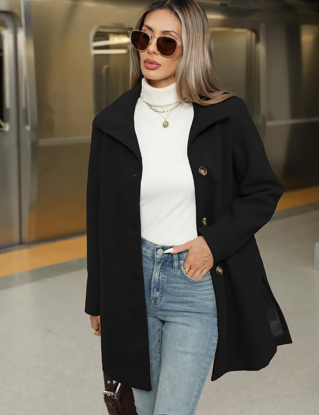 Women's Winter Peacoat Single Breasted Stand Collar Mid Long Wool Blend Trench Coat with Pockets