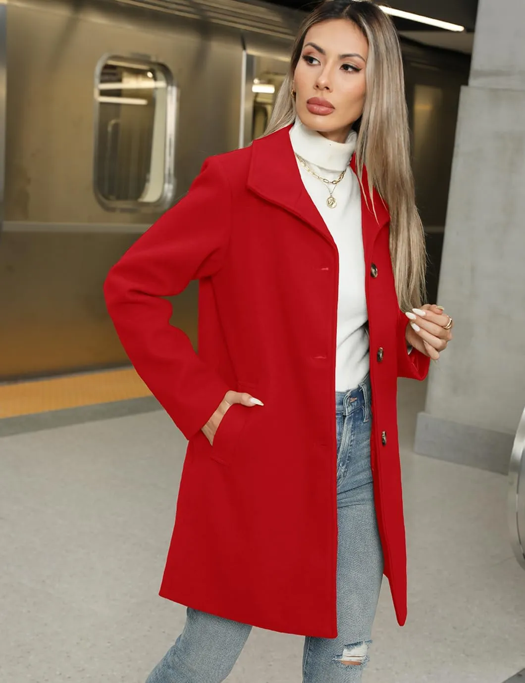 Women's Winter Peacoat Single Breasted Stand Collar Mid Long Wool Blend Trench Coat with Pockets