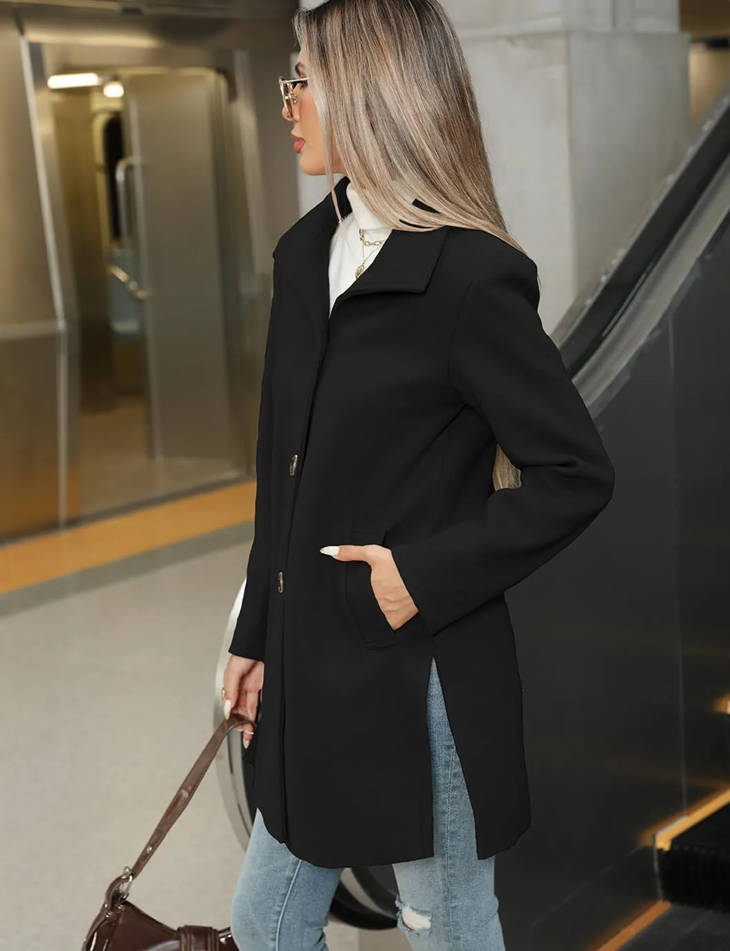 Women's Winter Peacoat Single Breasted Stand Collar Mid Long Wool Blend Trench Coat with Pockets
