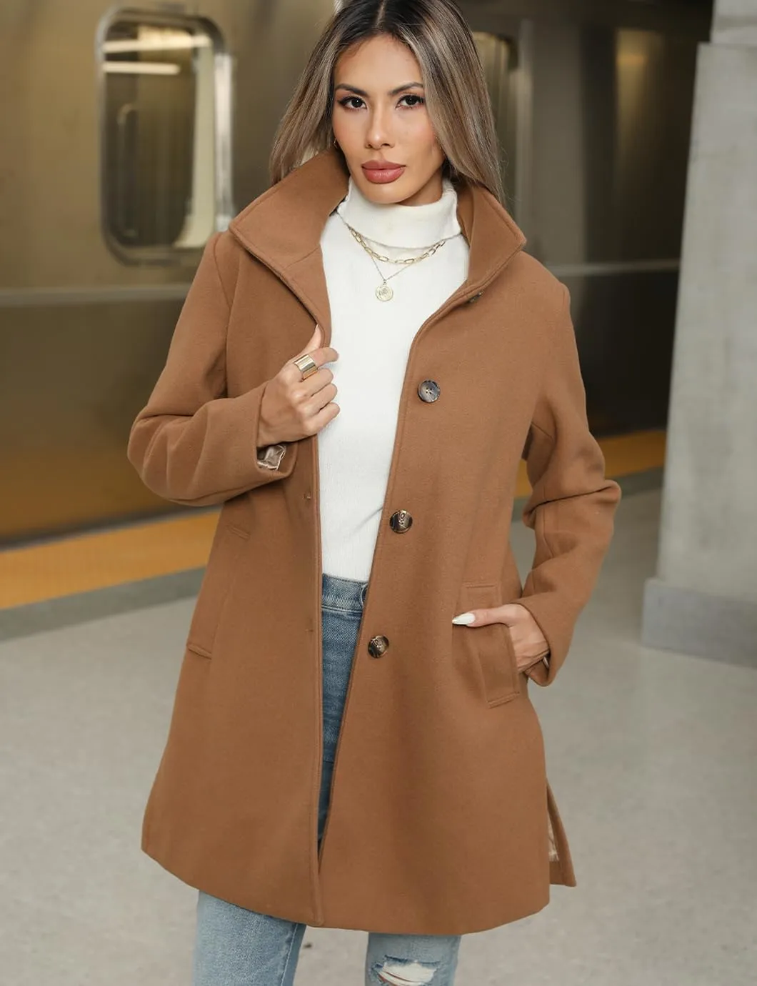 Women's Winter Peacoat Single Breasted Stand Collar Mid Long Wool Blend Trench Coat with Pockets